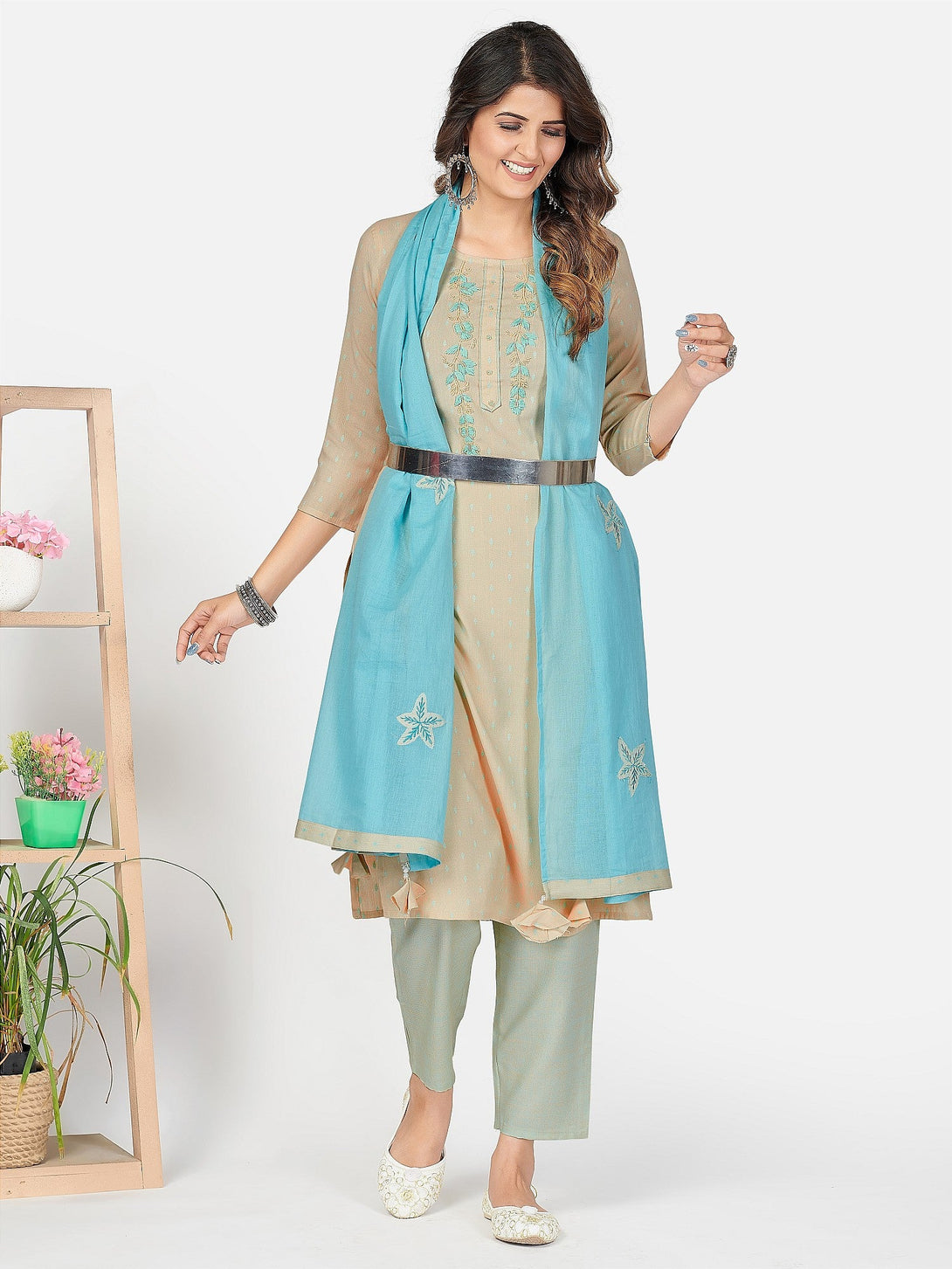 Women's Cream Kurta & Pant With Dupatta Set By Vbuyz- (3Pcs Set)