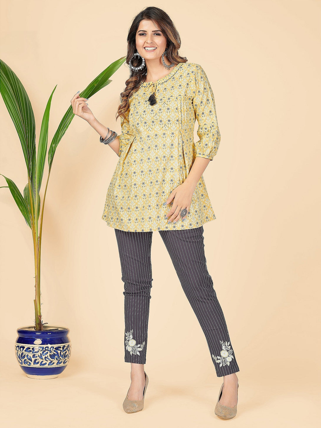 Women's Printed & Sequience Flare Cotton Yellow Stitched Top With Pant - Vbuyz