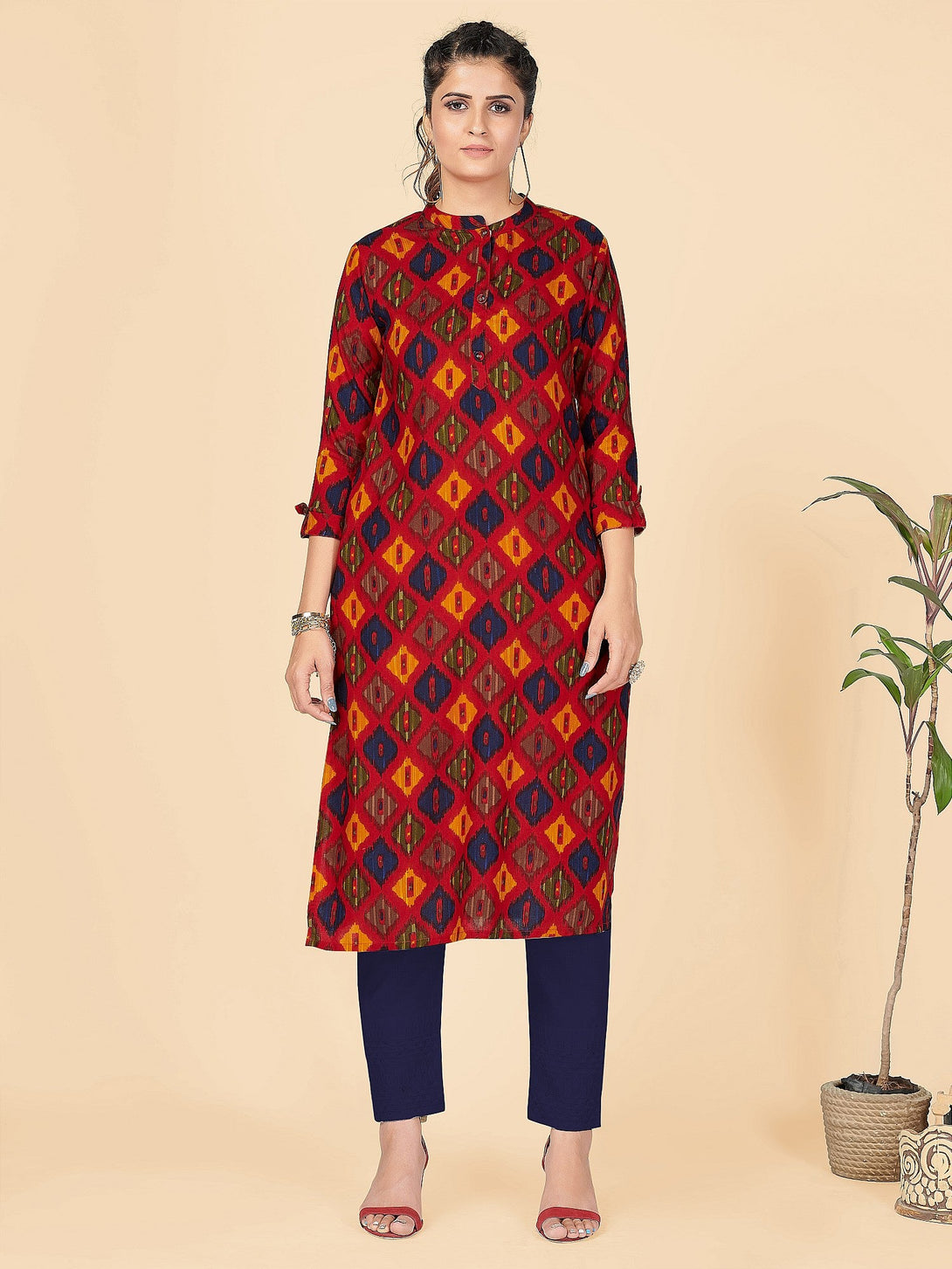 Women's Printed Straight Rayon Red Stitched Kurta - Vbuyz