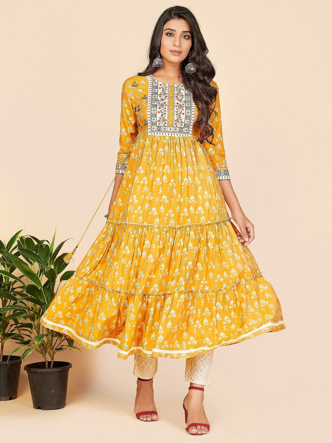 Women's Printed & Embroidered Anarkali Cotton Yellow Stitched Kurta - Vbuyz