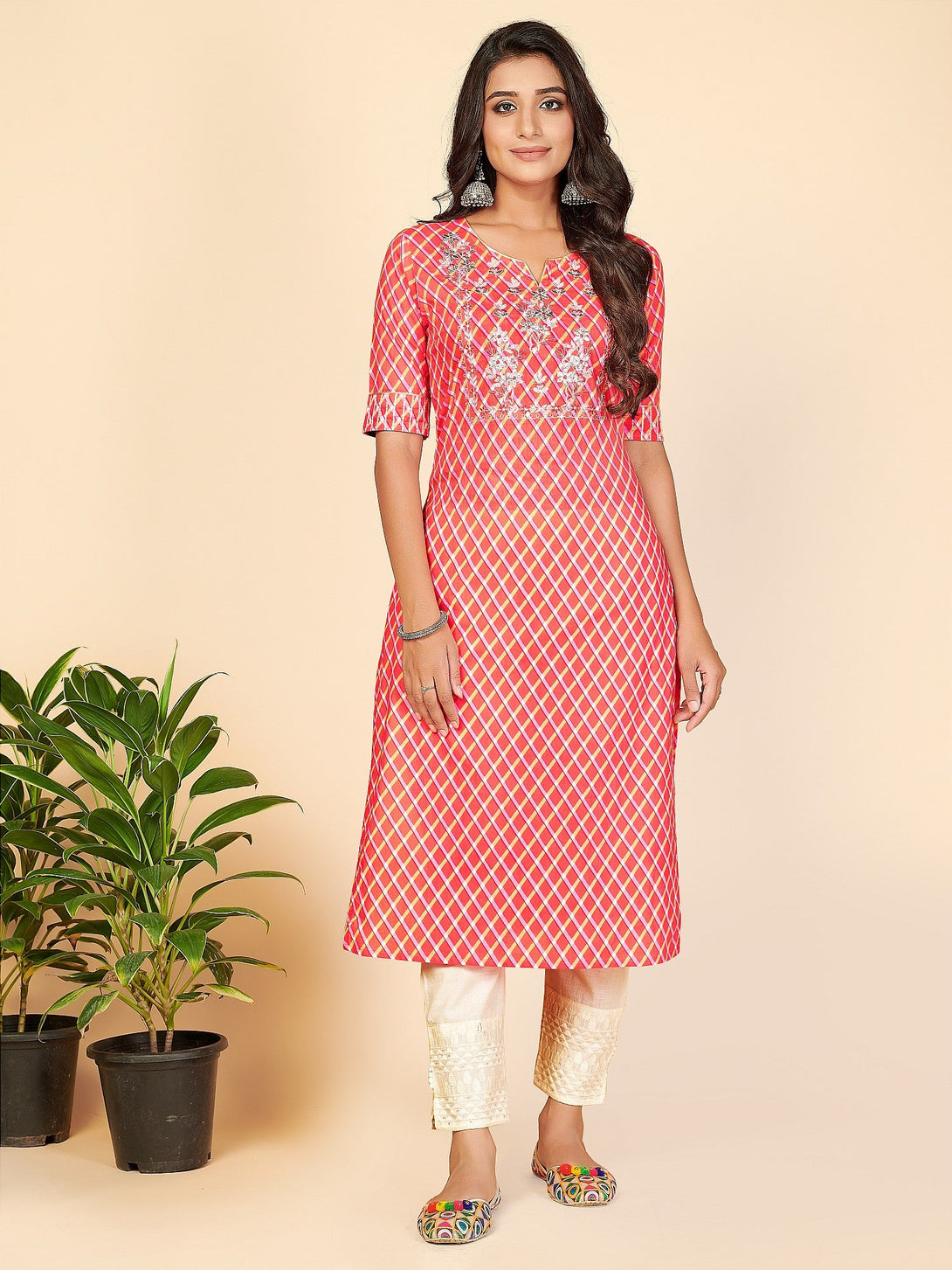 Women's Printed & Embroidered Straight Cotton Pink Stitched Kurta - Vbuyz