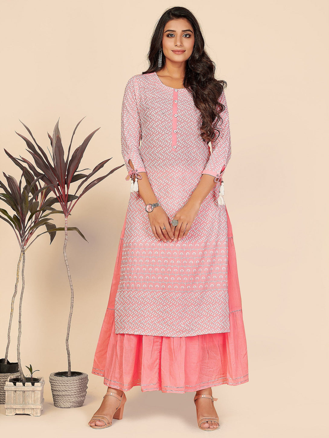 Women's Chikankari Work Straight Cotton Baby Pink Stitched Kurta With Skirt - Vbuyz