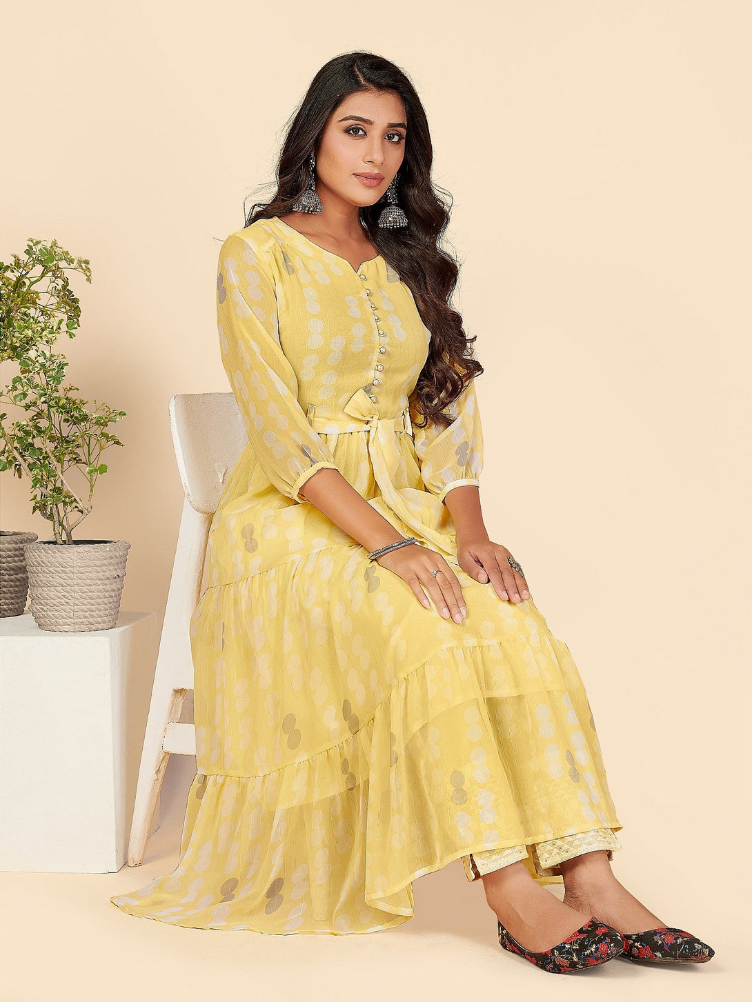 Women's Printed Anarkali Lurex Georgette Yellow Stitched Kurta - Vbuyz