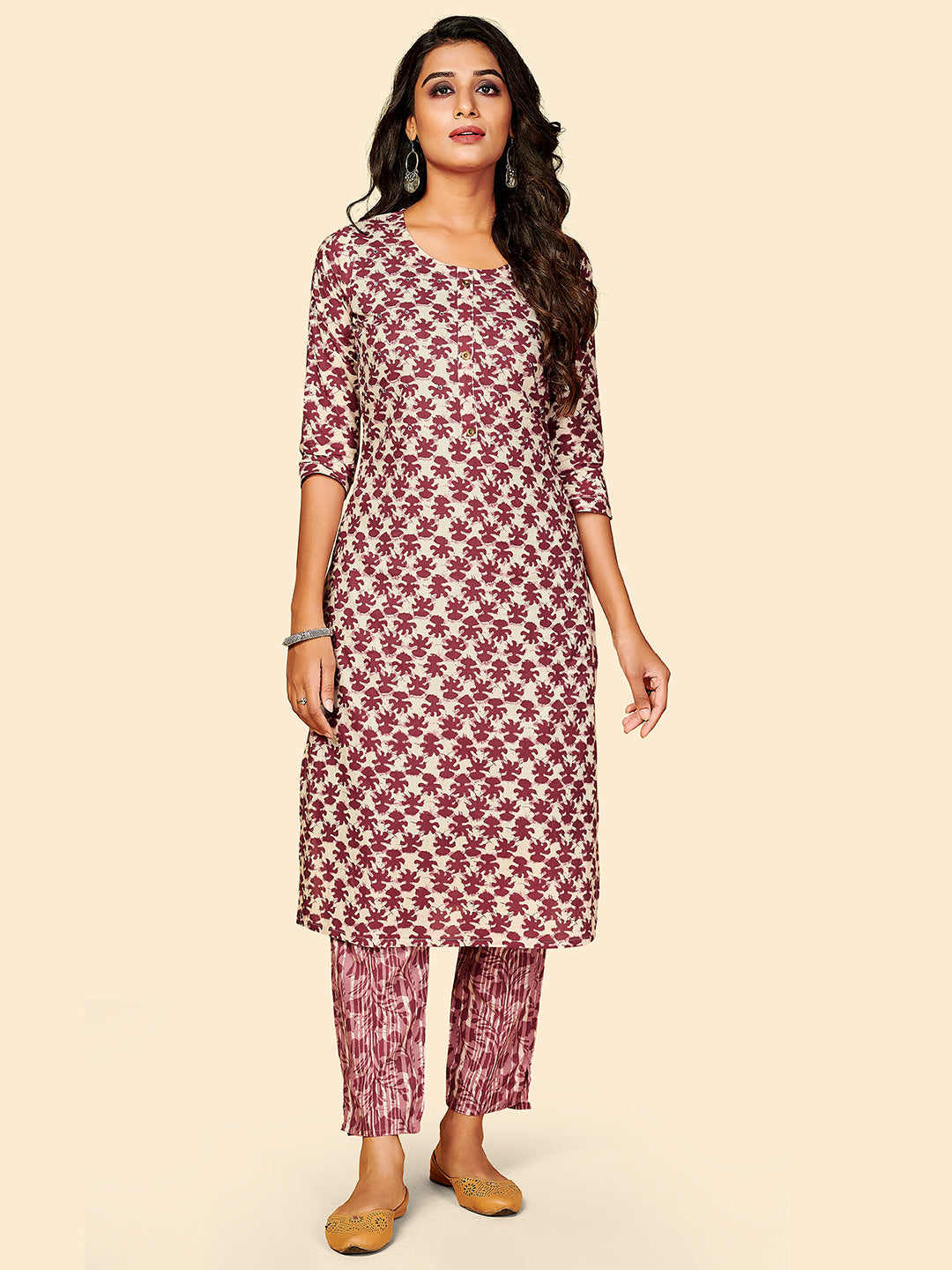 Women's Printed & Mirror Work Straight Cotton Maroon Stitched Kurta With Pant - Vbuyz