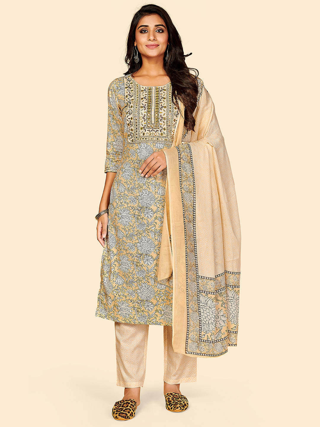 Women's Printed & Embroidered Straight Cotton Beige Stitched Kurta Pant With Dupatta - Vbuyz