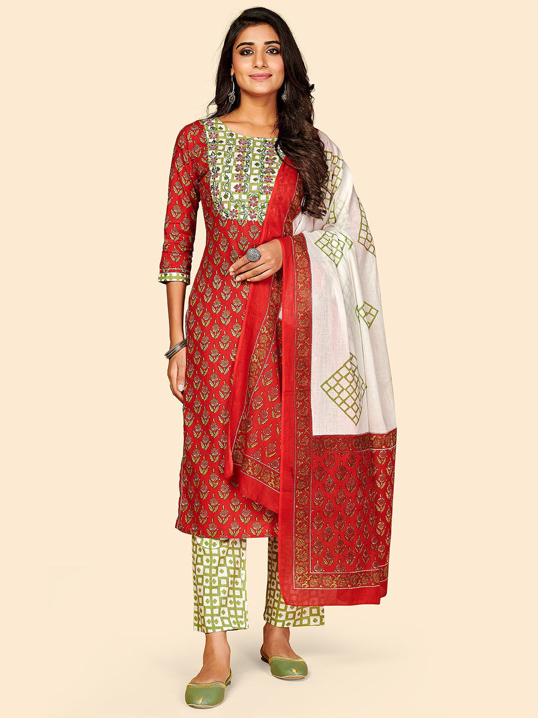 Women's Red Cotton Kurta With Pant & Dupatta By Vbuyz (3Pcs Set)