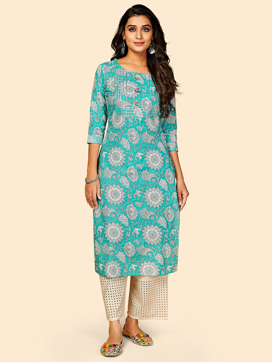 Women's Printed & Gota Patti Work Straight Cotton Sky Blue Stitched Kurta - Vbuyz