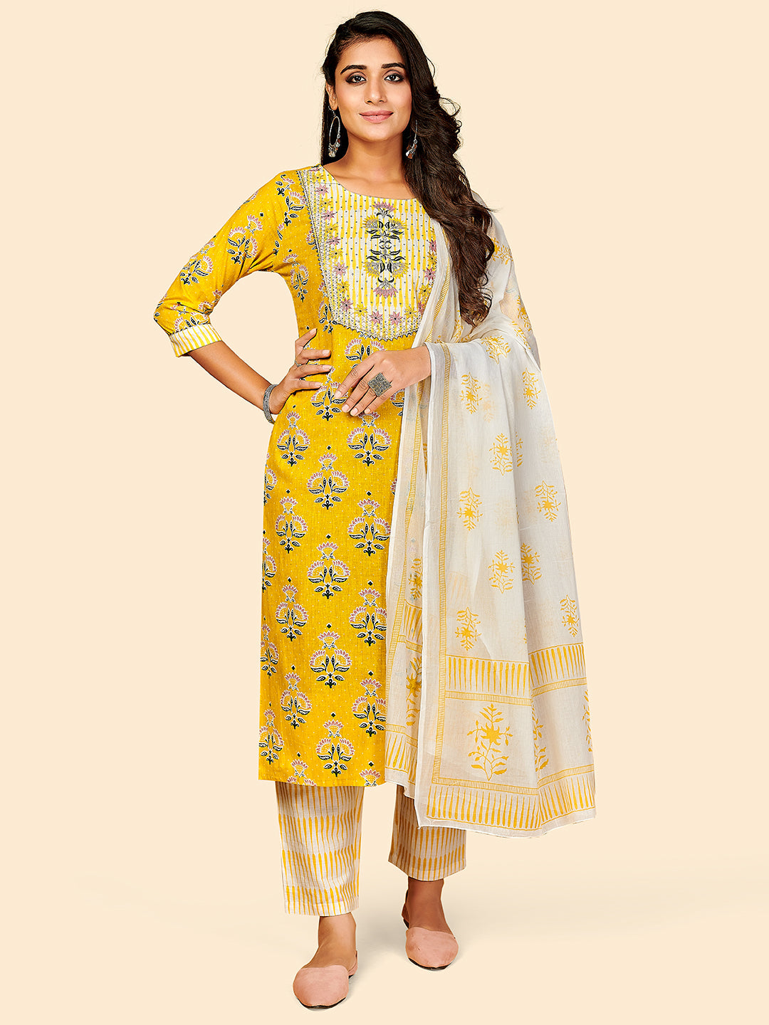 Women's Printed & Embroidered Straight Cotton Yellow Stitched Kurta Pant With Dupatta - Vbuyz