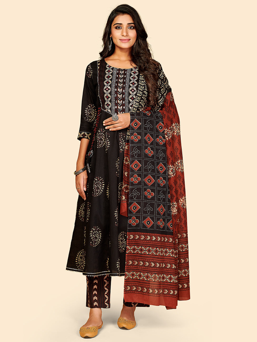 Women's Printed & Embroidered Anarkali Cotton Black Stitched Kurta Pant With Dupatta - Vbuyz