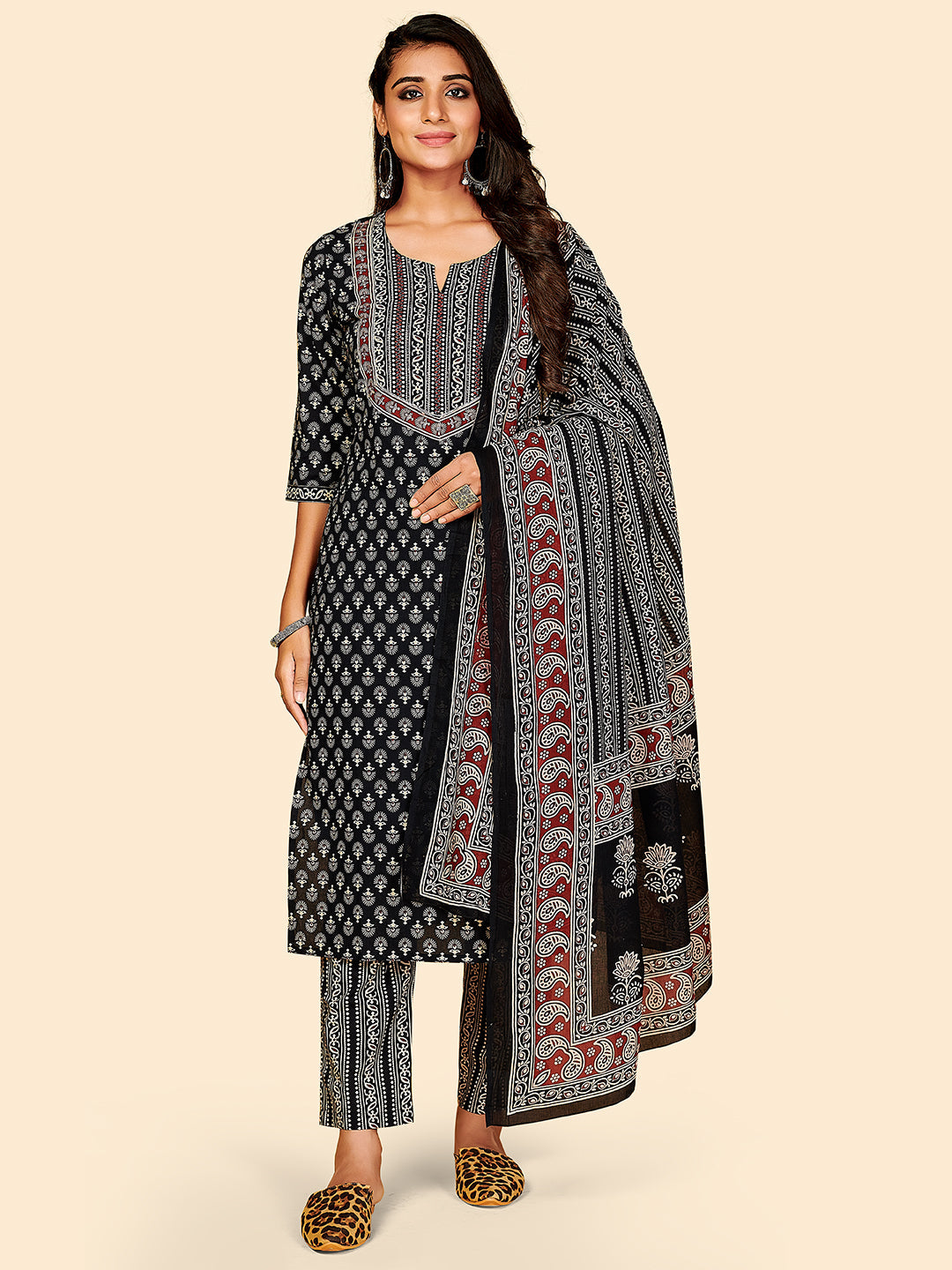 Women's Printed & Embroidered Straight Cotton Black Stitched Kurta Pant With Dupatta - Vbuyz