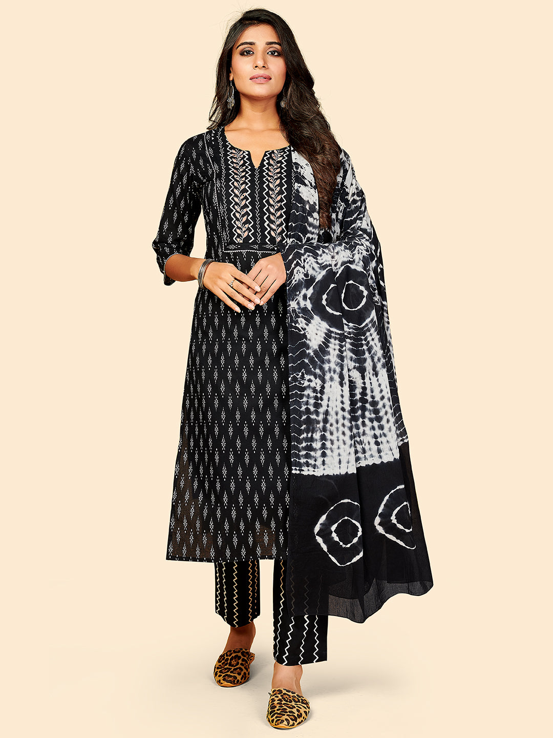 Women's Printed & Embroidered Straight Cotton Black Stitched Kurta Pant With Dupatta - Vbuyz