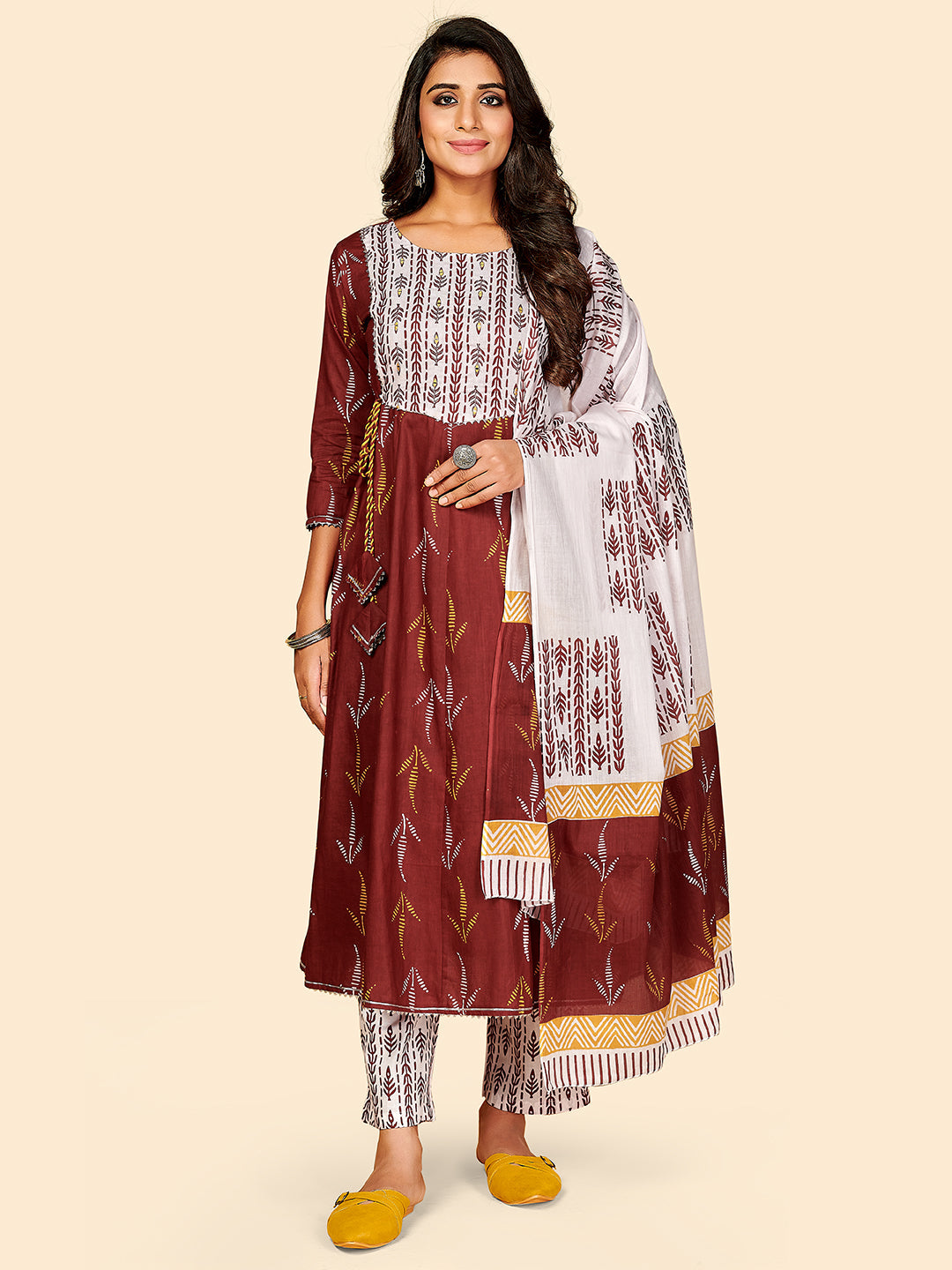 Women's Printed & Embroidered Anarkali Cotton Maroon Stitched Kurta Pant With Dupatta - Vbuyz