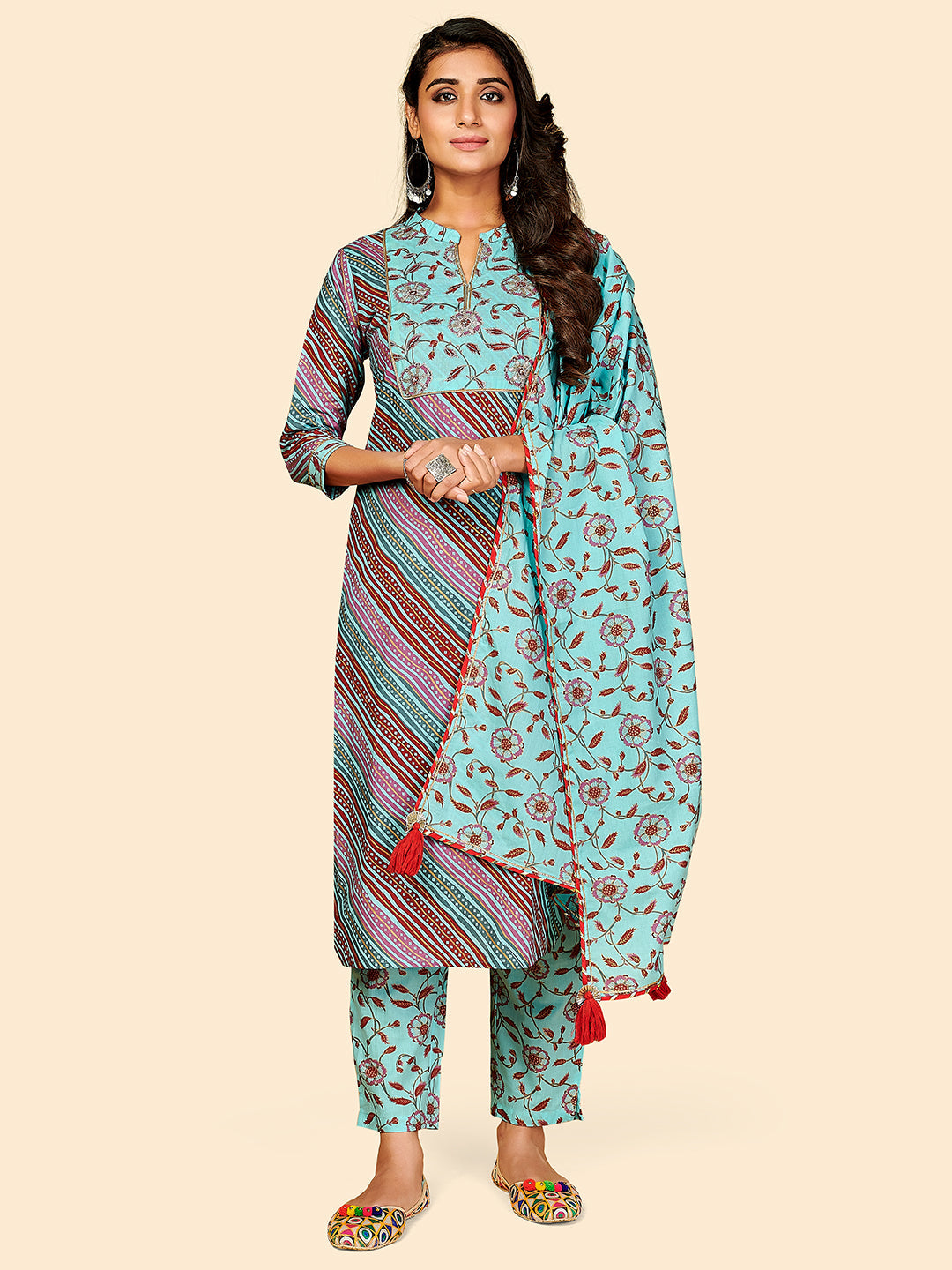 Women's Printed & Embroidered Straight Cotton Sky Blue Stitched Kurta Pant With Dupatta - Vbuyz