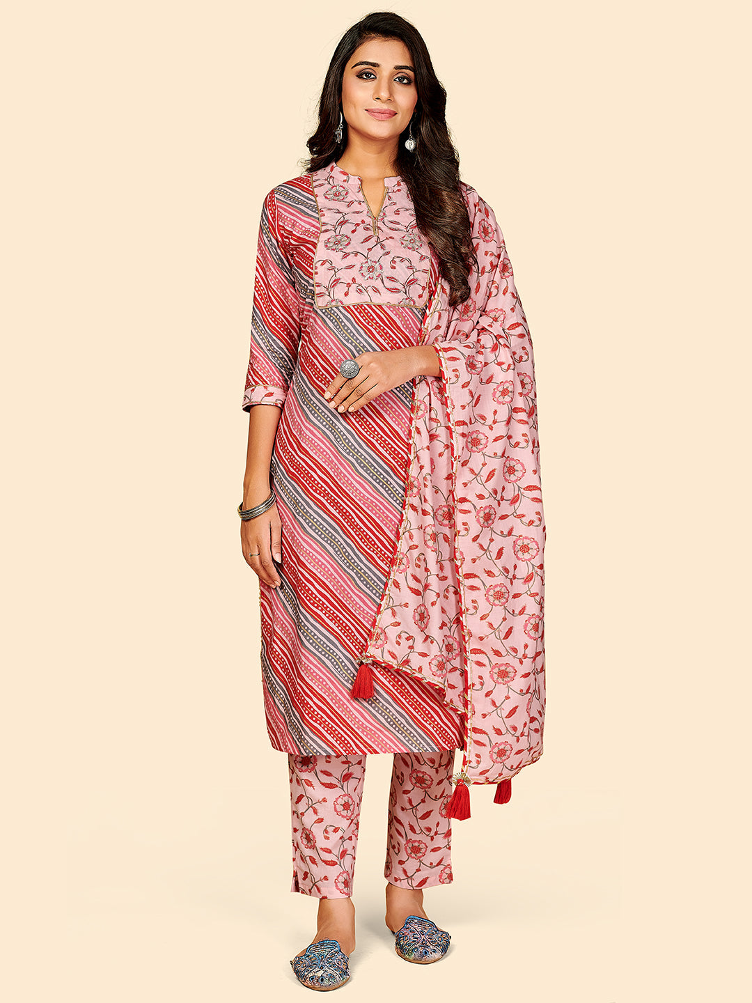 Women's Printed & Embroidered Straight Cotton Pink Stitched Kurta Pant With Dupatta - Vbuyz