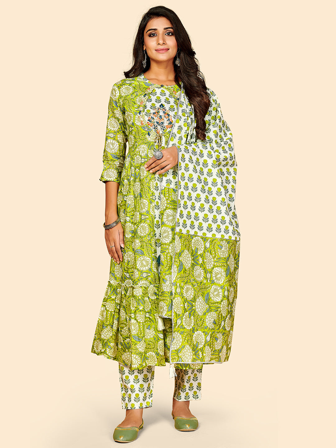 Women's Printed & Thread Work Flare Cotton Parrot Green Stitched Kurta Set (Pack Of 4) - Vbuyz