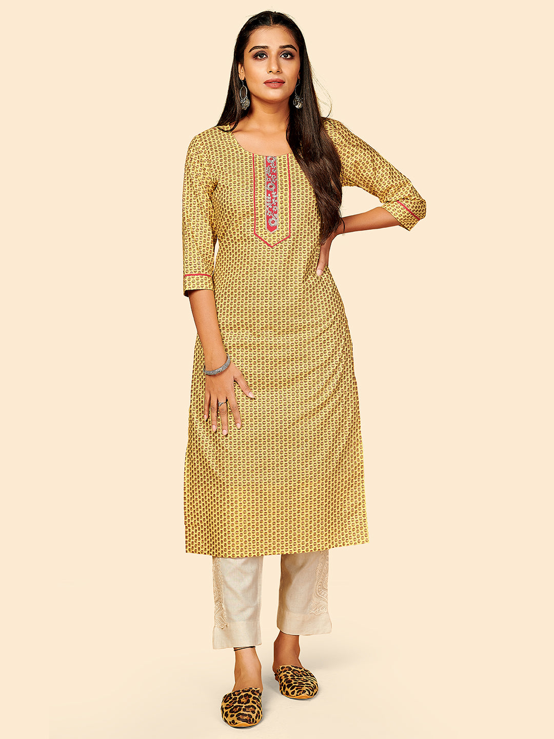 Women's Printed & Embroidered Straight Cotton Yellow Stitched Kurta - Vbuyz