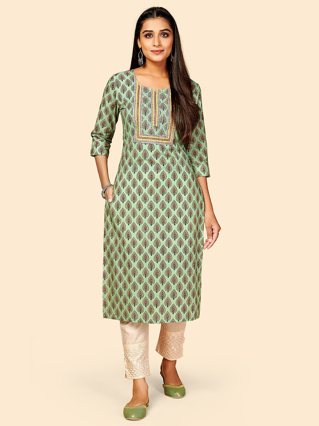 Women's Printed & Embroidered Straight Cotton Pista Stitched Kurta - Vbuyz