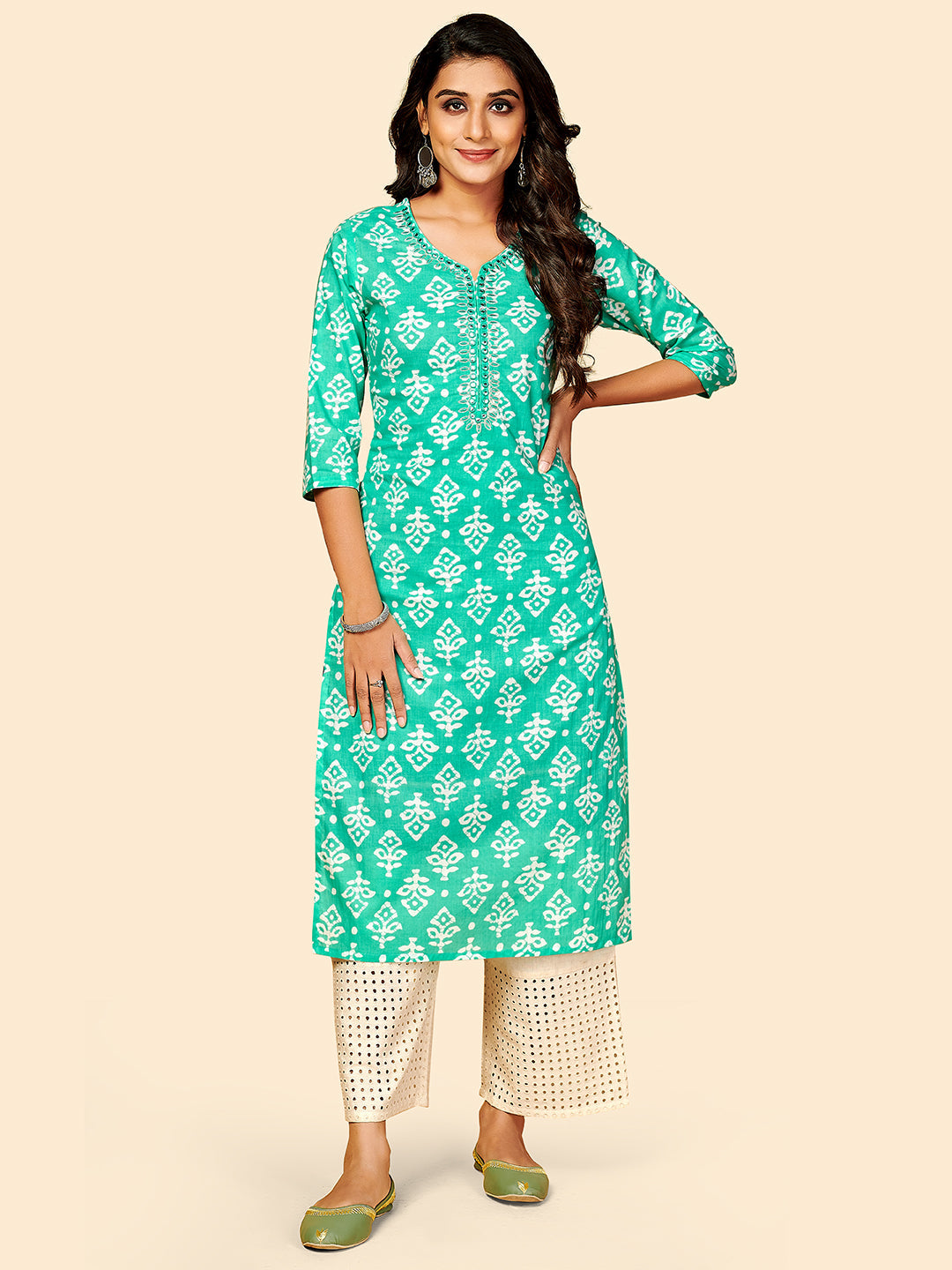 Women's Printed & Embroidered Straight Cotton Sky Blue Stitched Kurta - Vbuyz