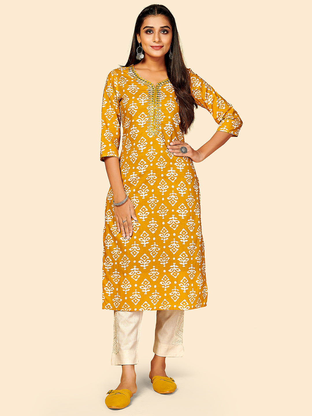 Women's Printed & Embroidered Straight Cotton Yellow Stitched Kurta - Vbuyz