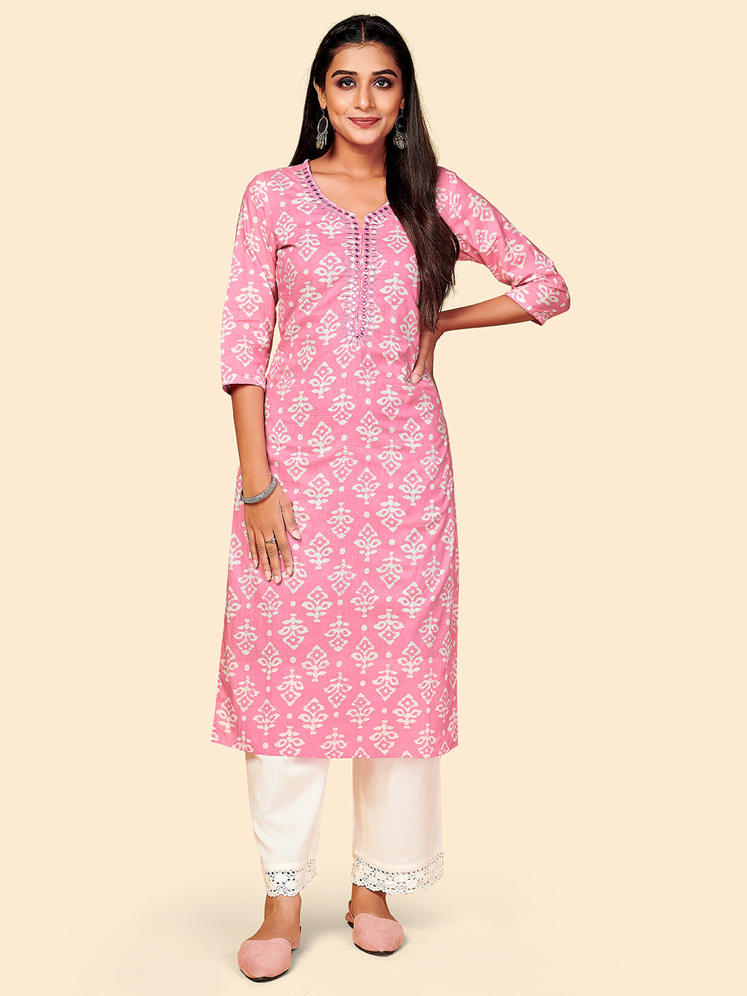 Women's Printed & Embroidered Straight Cotton Pink Stitched Kurta - Vbuyz