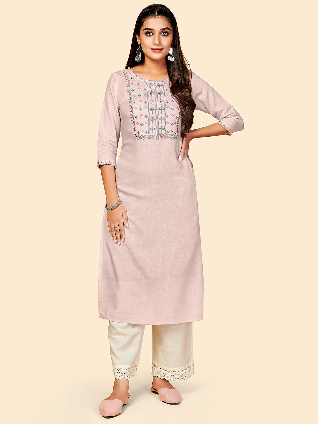 Women's Embroidered Straight Rayon Light Pink Stitched Kurta - Vbuyz