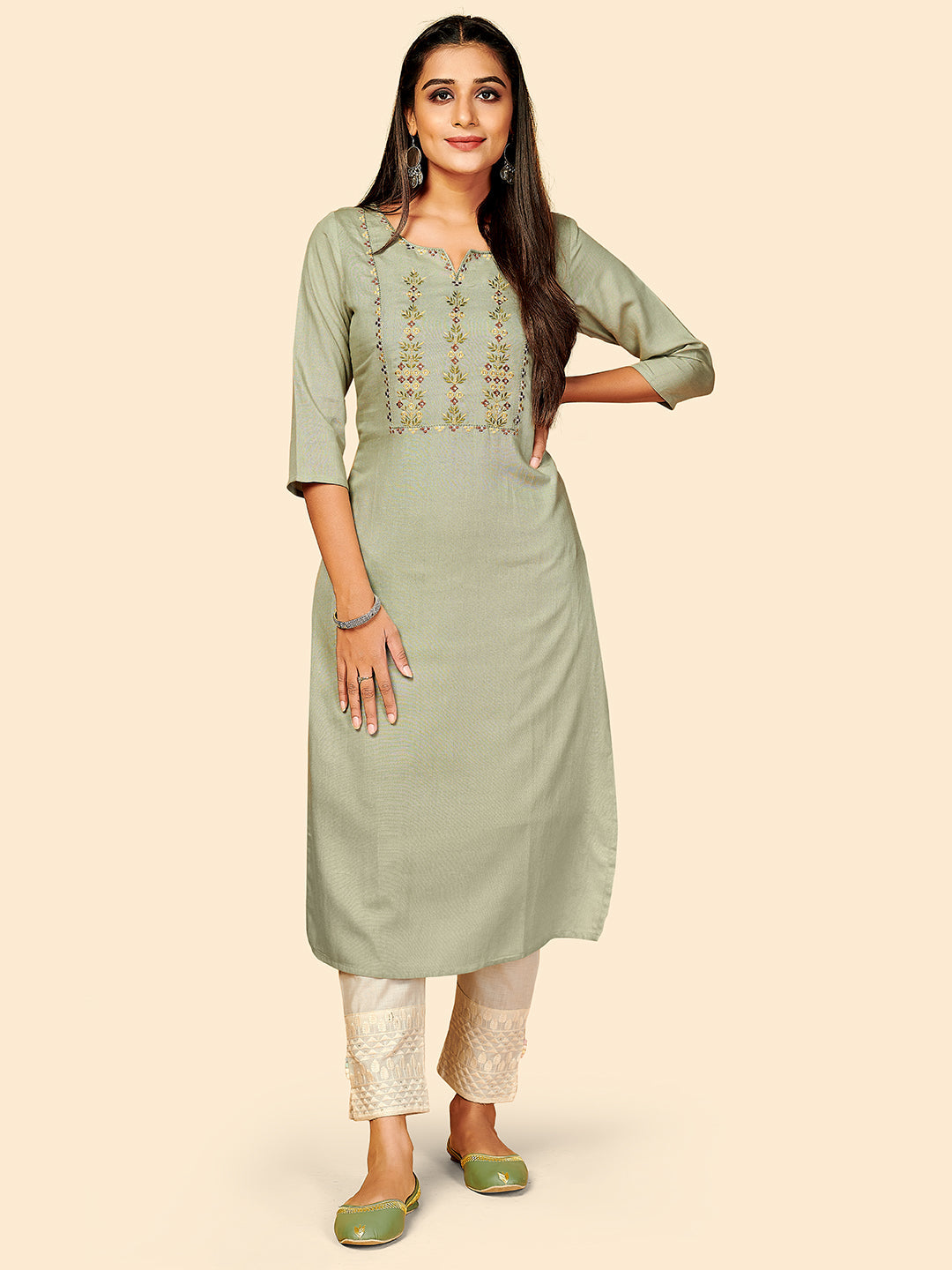 Women's Embroidered Straight Rayon Olive Green Stitched Kurta - Vbuyz