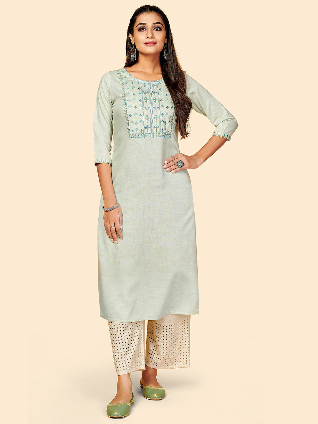 Women's Embroidered Straight Rayon Light Grey Stitched Kurta - Vbuyz