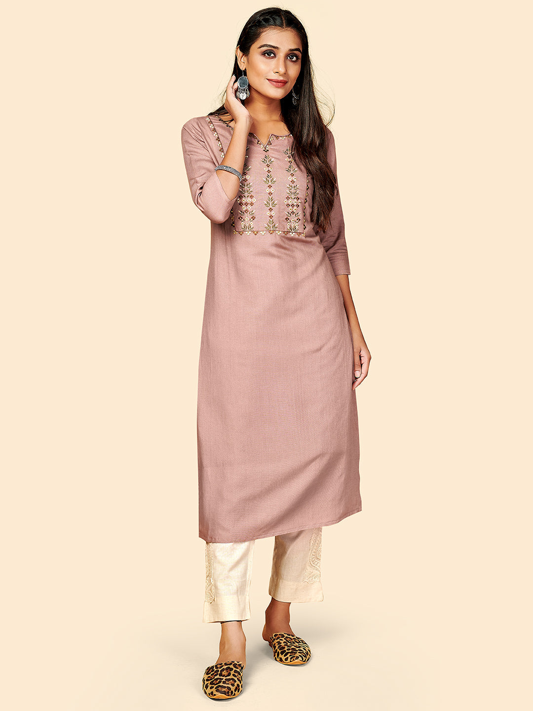 Women's Embroidered Straight Rayon Rust Pink Stitched Kurta - Vbuyz