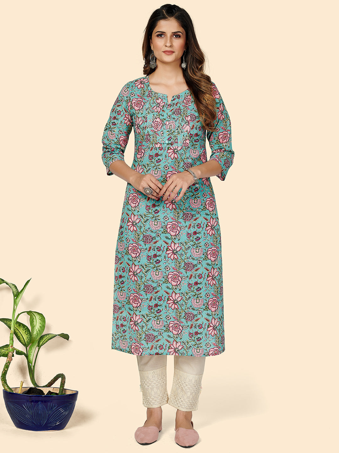 Women's Printed Cotton Turquoise Blue Kurta By Vbuyz (1 Pc Set)