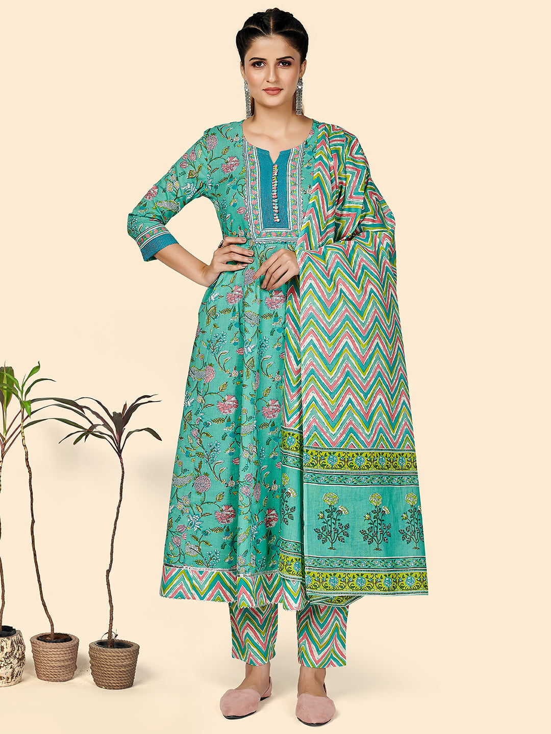 Women's Printed & Embroidered Anarkali Cotton Turquoise Stitched Kurta Pant With Dupatta - Vbuyz