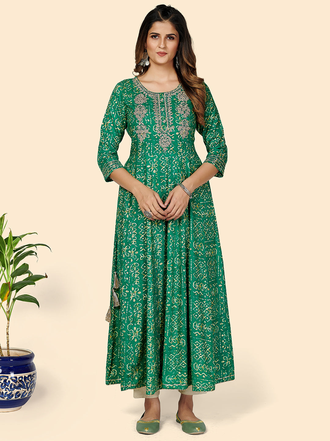 Women's Printed & Embroidered Anarkali Rayon Turquoise Stitched Kurta - Vbuyz