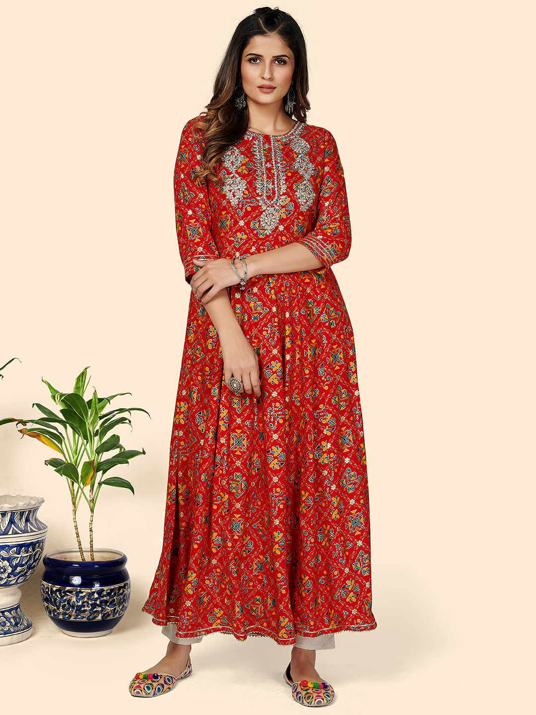 Women's Printed & Embroidered Anarkali Rayon Red Stitched Kurta - Vbuyz