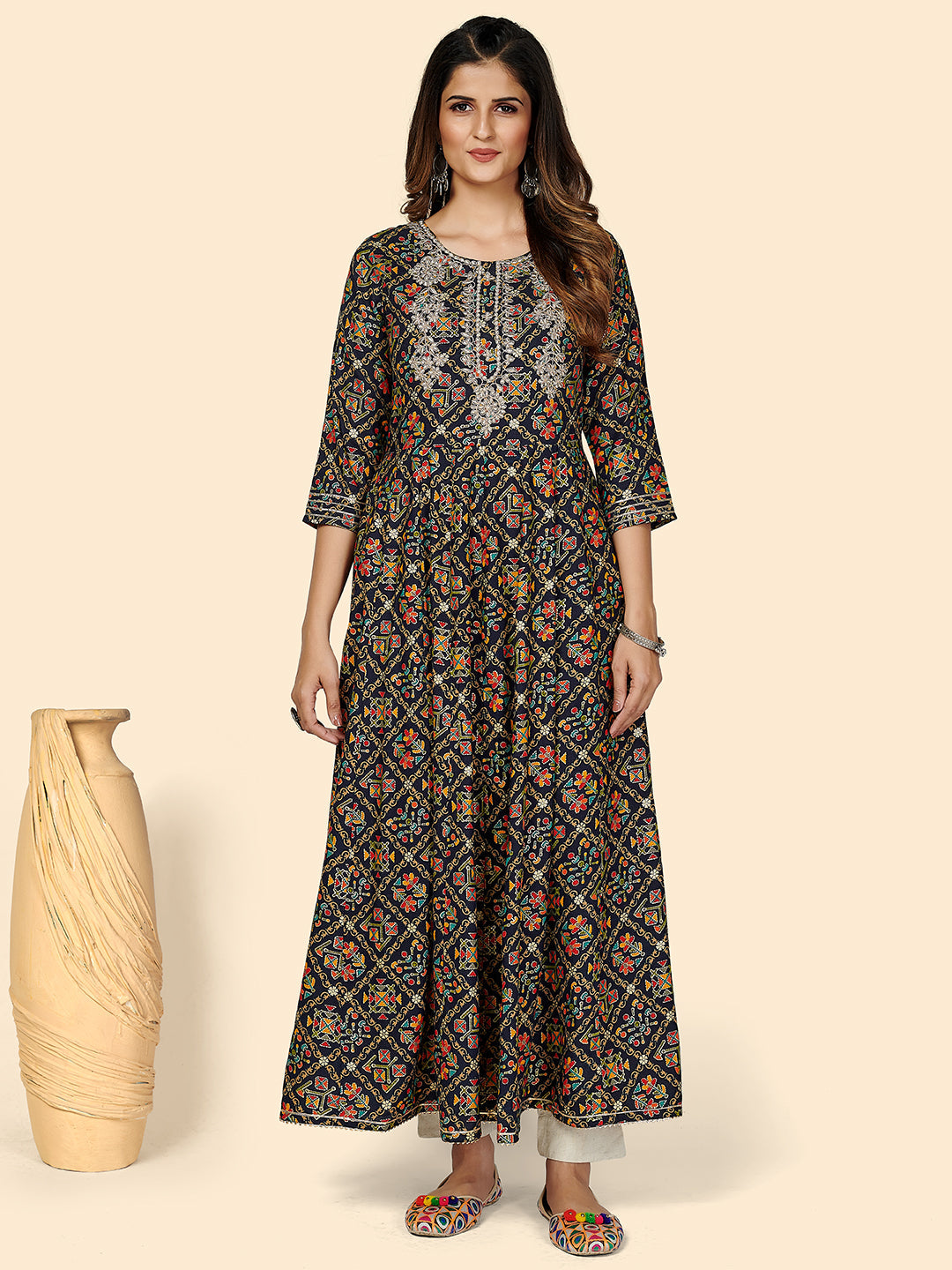 Women's Printed & Embroidered Anarkali Rayon Black Stitched Kurta - Vbuyz