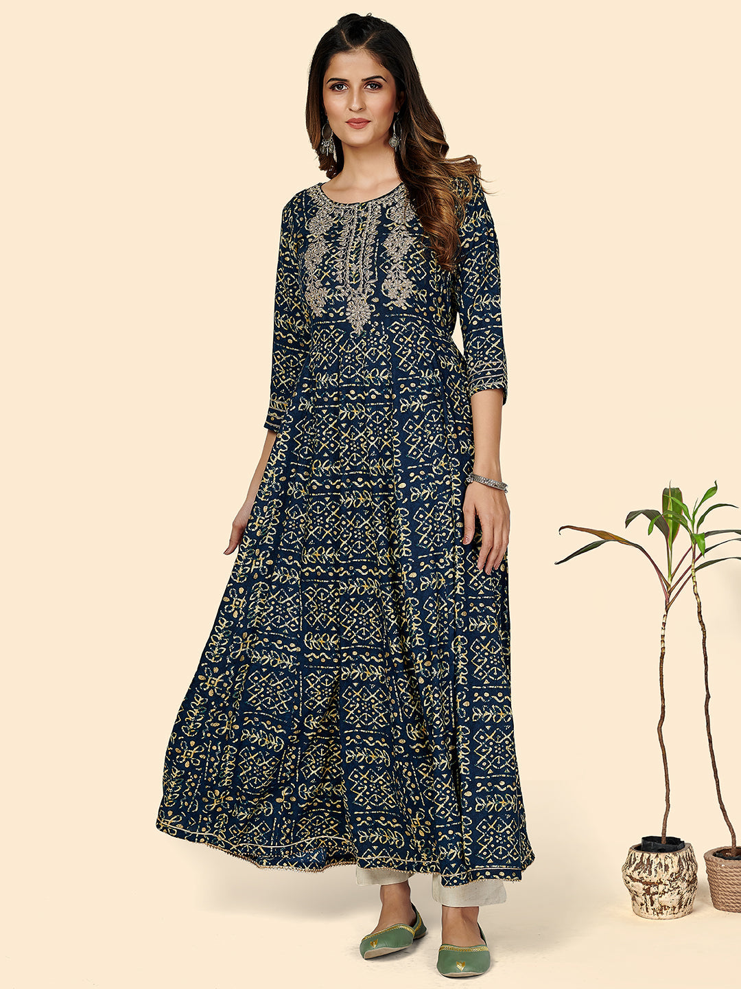 Women's Blue Printed & Embroidered Anarkali Kurta By Vbuyz- (1Pc Set)