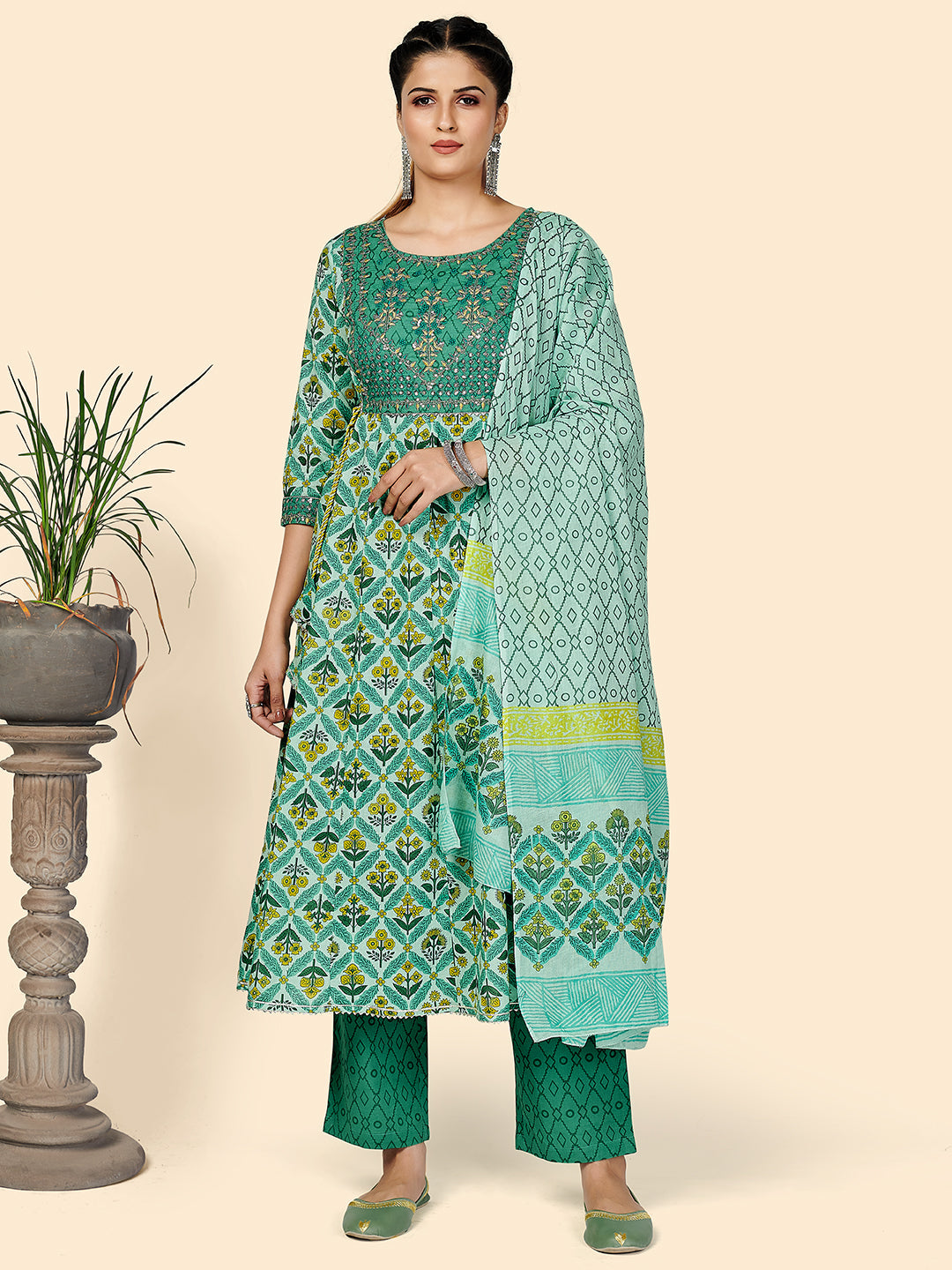 Women's Green A-Line Kurta & Pant With Dupatta By Vbuyz- (3Pcs Set)