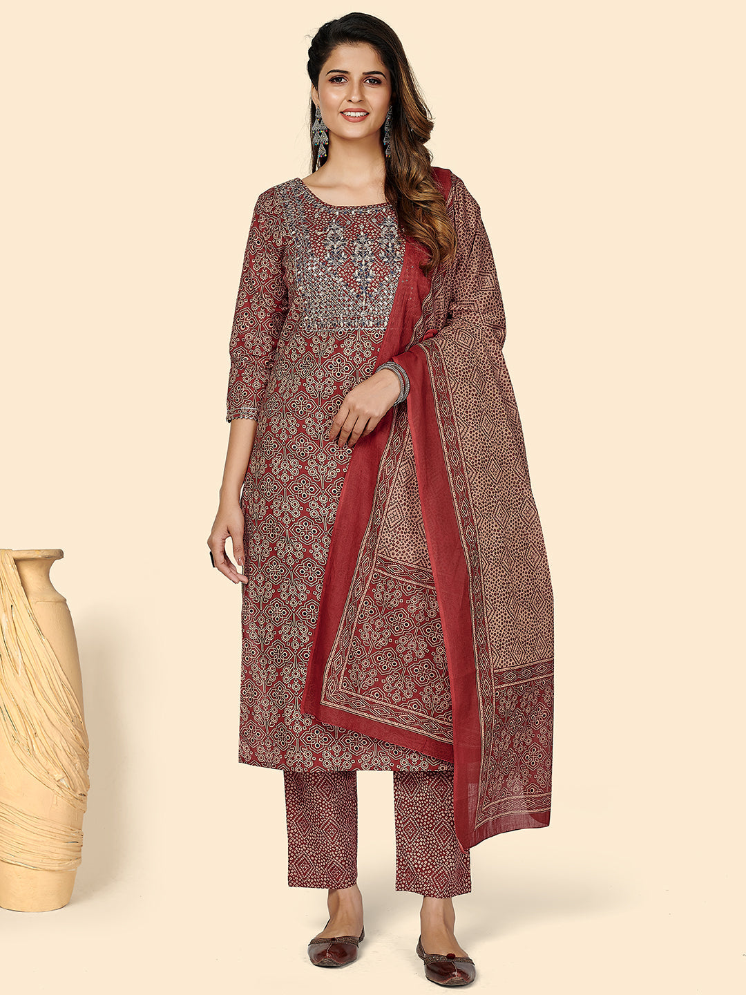 Women's Embroidered & Sequience Work Straight Cotton Red Stitched Kurta Pant With Dupatta - Vbuyz