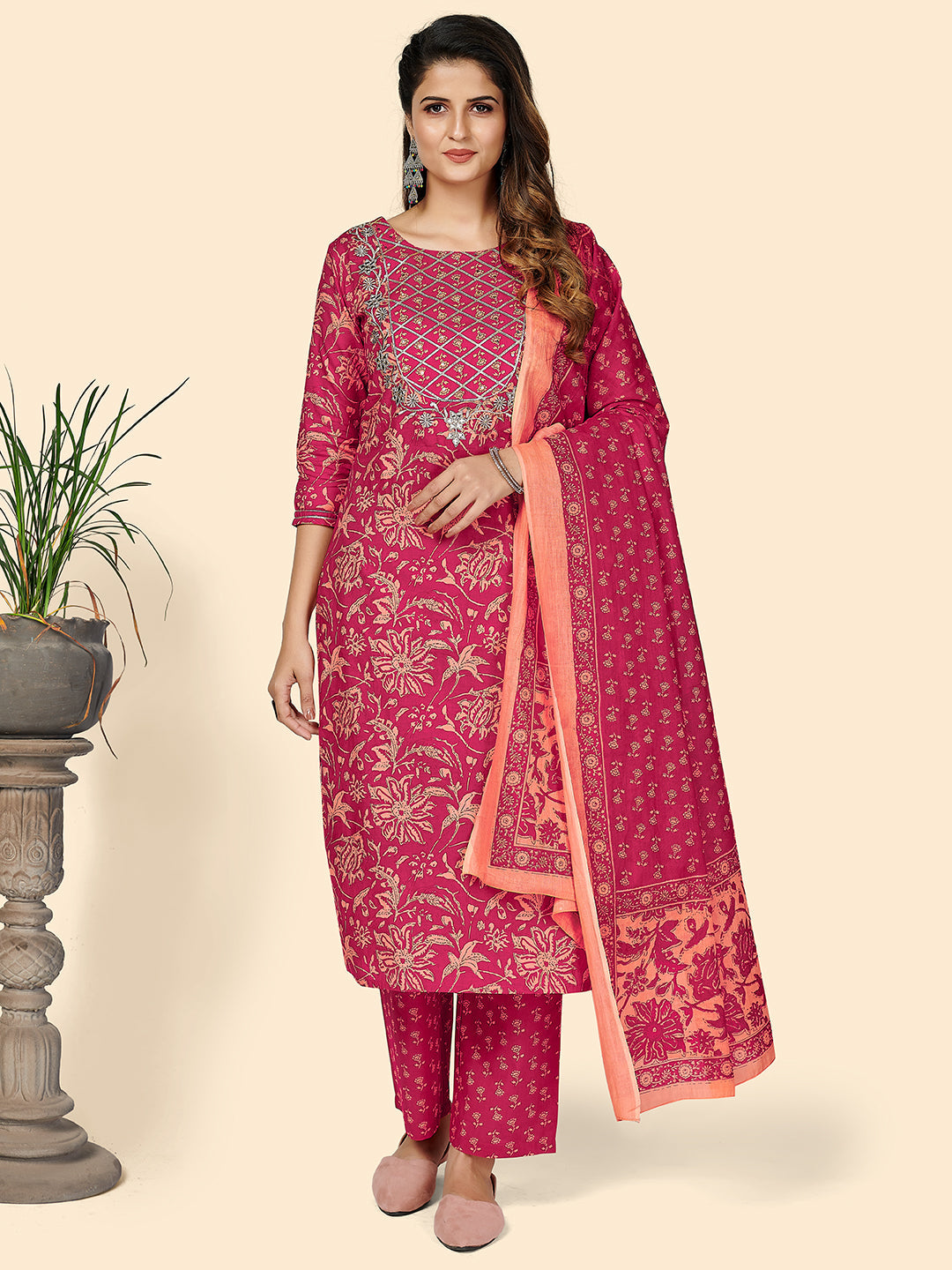 Women's Printed & Sequience Work Straight Cotton Pink Stitched Kurta Pant With Dupatta - Vbuyz