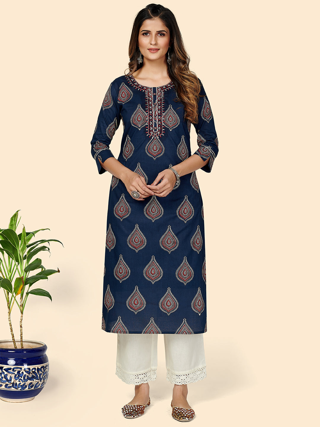 Women's Printed & Embroidered Straight Cotton Blue Stitched Kurta - Vbuyz