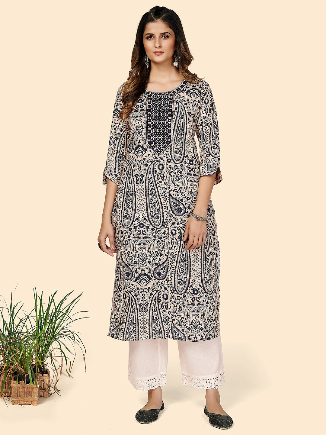 Women's Printed & Embroidered Straight Cotton Blue Stitched Kurta - Vbuyz