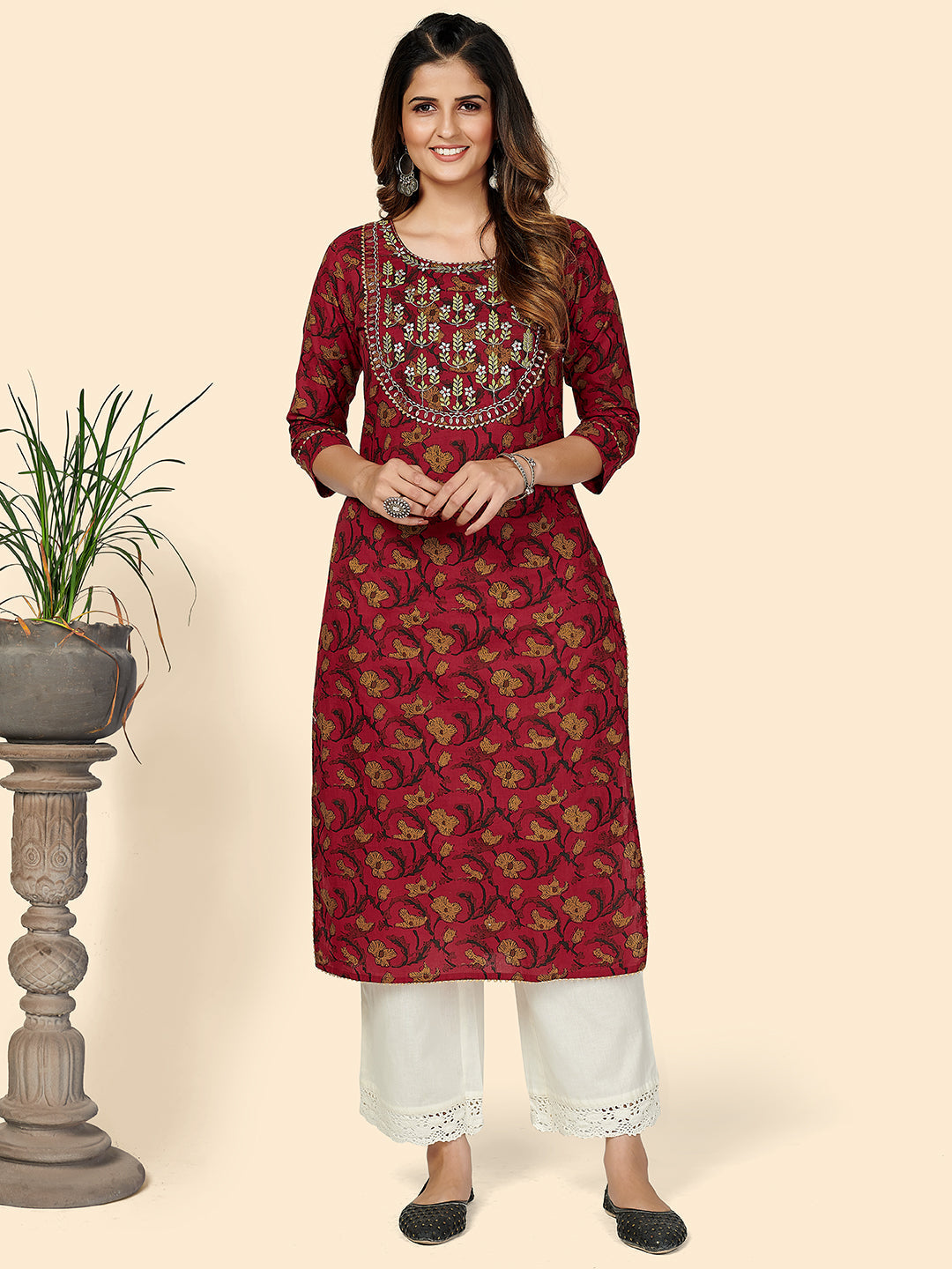 Women's Printed & Embroidered Straight Cotton Red Stitched Kurta - Vbuyz