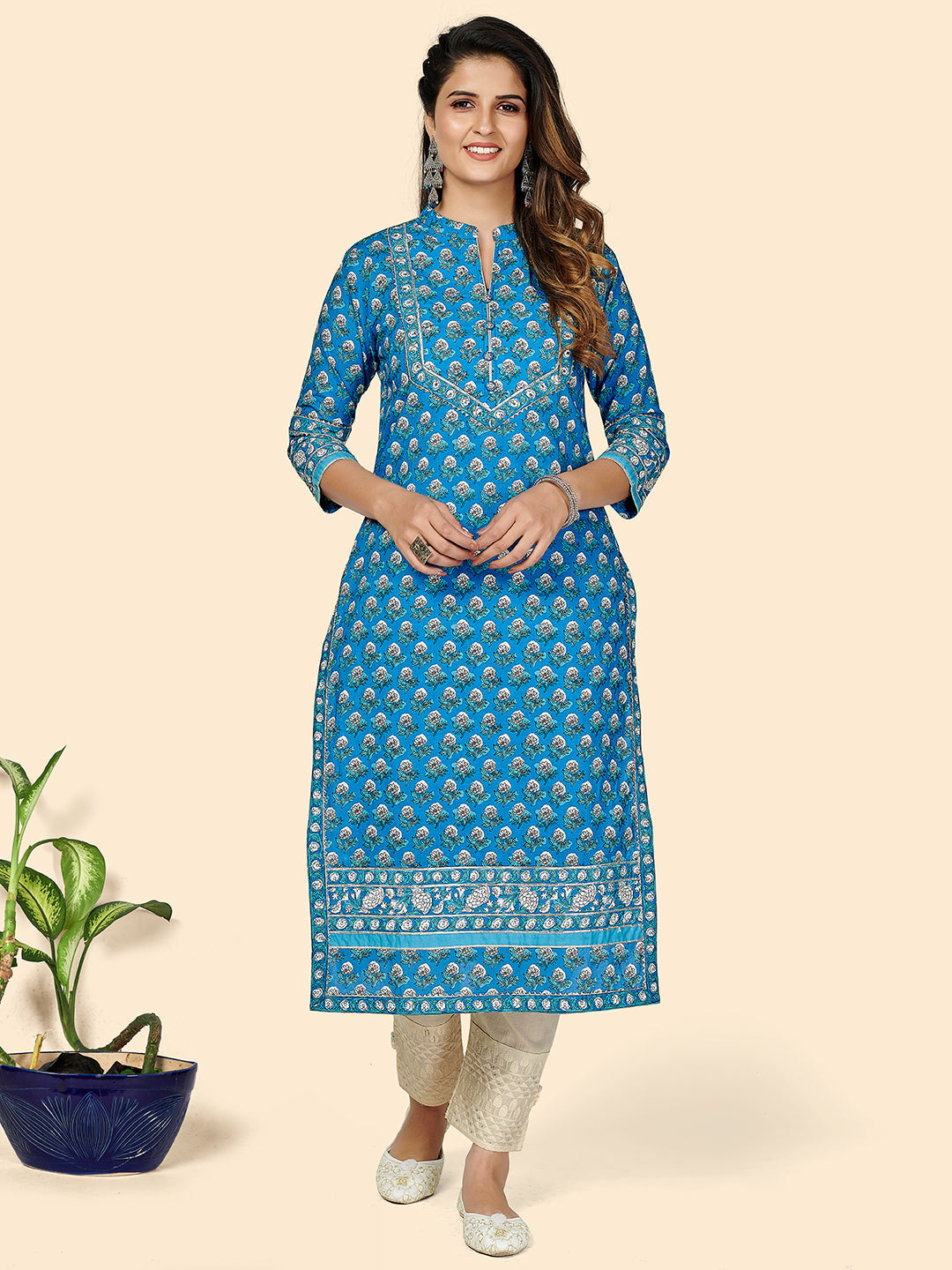 Women's Printed & Zardosi Work Straight Cotton Blue Stitched Kurta - Vbuyz