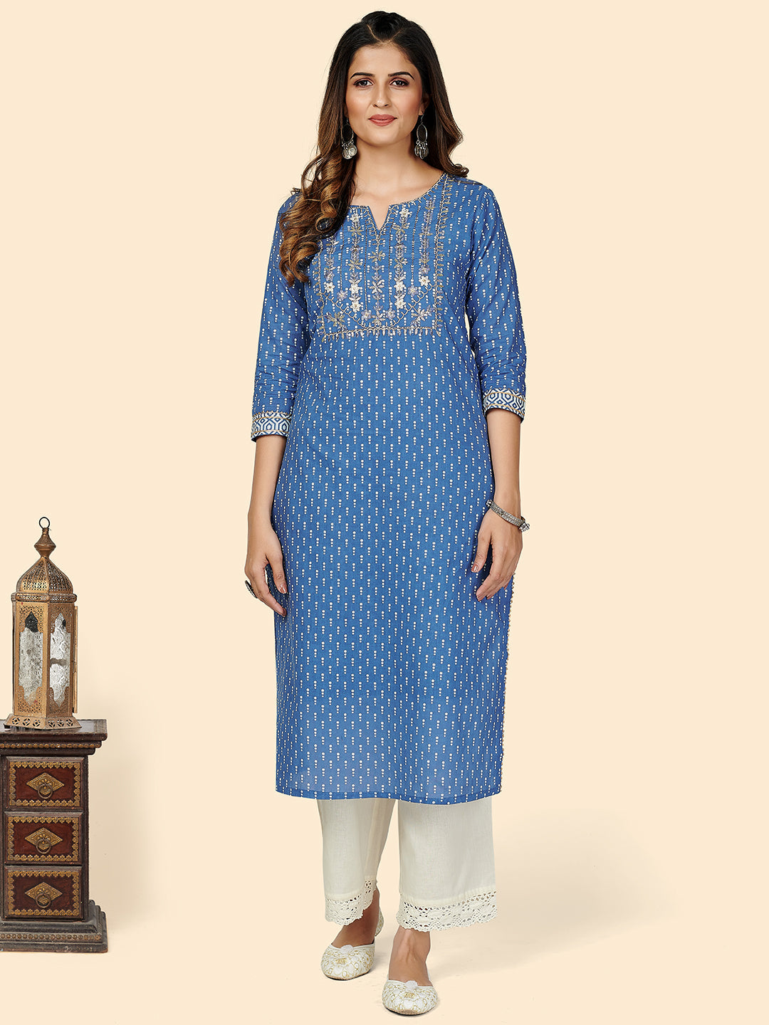 Women's Printed & Embroidered Straight Cotton Blue Stitched Kurta - Vbuyz