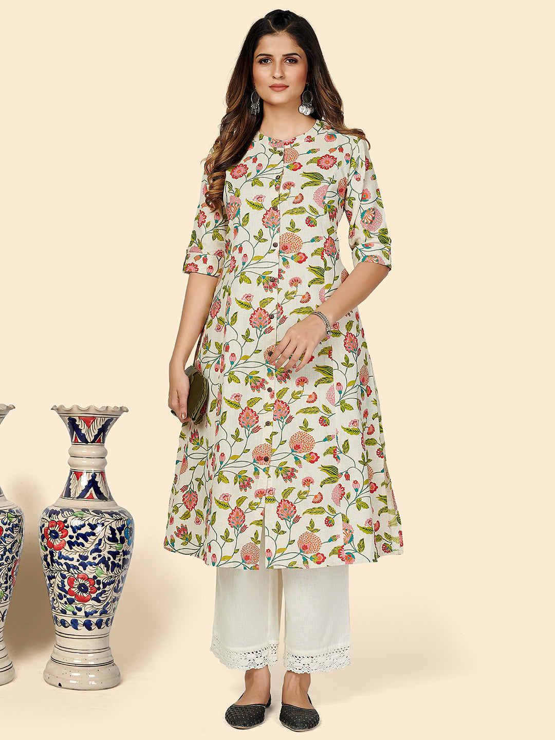 Women's Floral Print A-Line Cotton Beige Stitched Kurta - Vbuyz