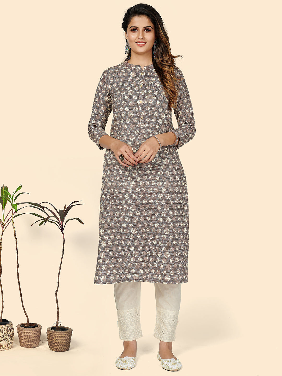 Women's Printed Straight Cotton Purple Stitched Kurta - Vbuyz