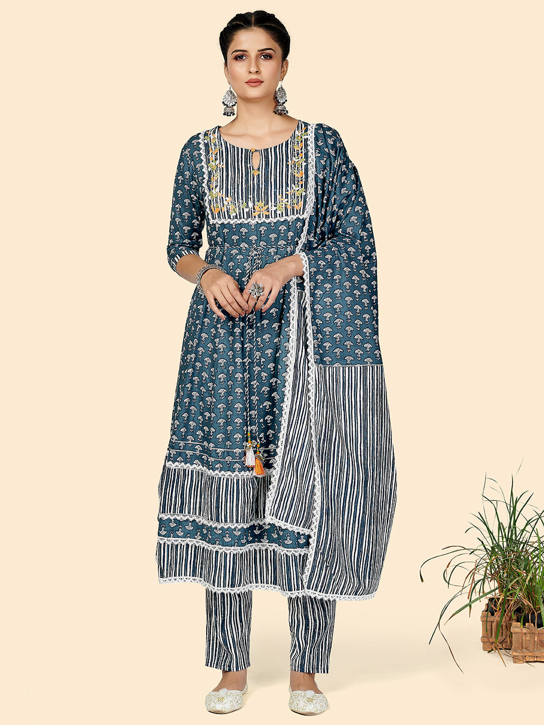 Women's Printed & Embroidered Anarkali Cotton Blue Stitched Kurta Pant With Dupatta - Vbuyz