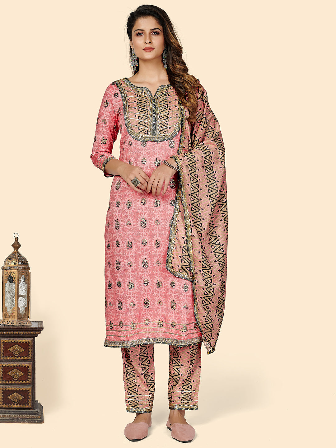 Women's Printed & Gota Patti Work Straight Rayon Light Pink Stitched Kurta Pant With Dupatta - Vbuyz