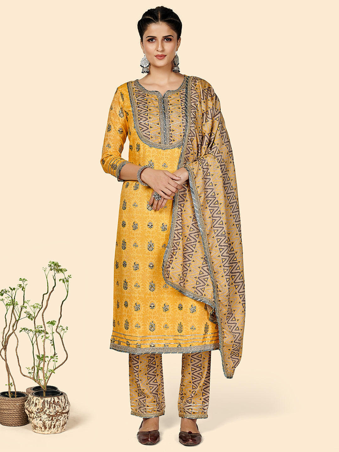 Women's Printed & Gota Patti Work Straight Rayon Yellow Stitched Kurta Pant With Dupatta - Vbuyz