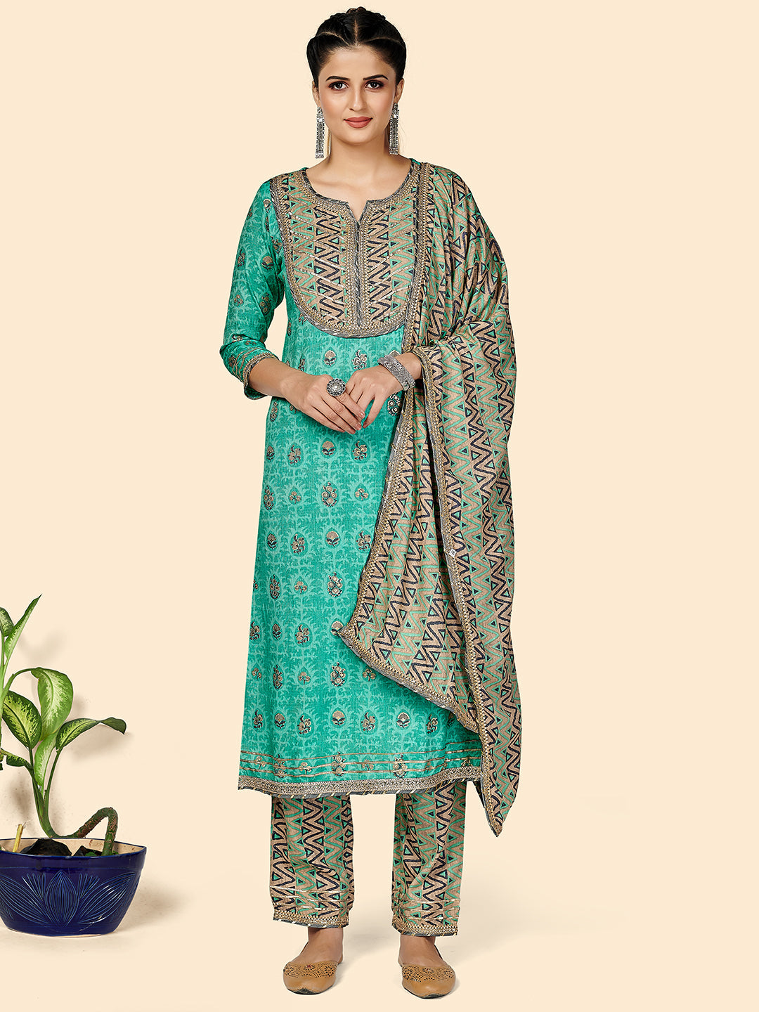 Women's Printed & Gota Patti Work Straight Rayon Turquoise Stitched Kurta Pant With Dupatta - Vbuyz