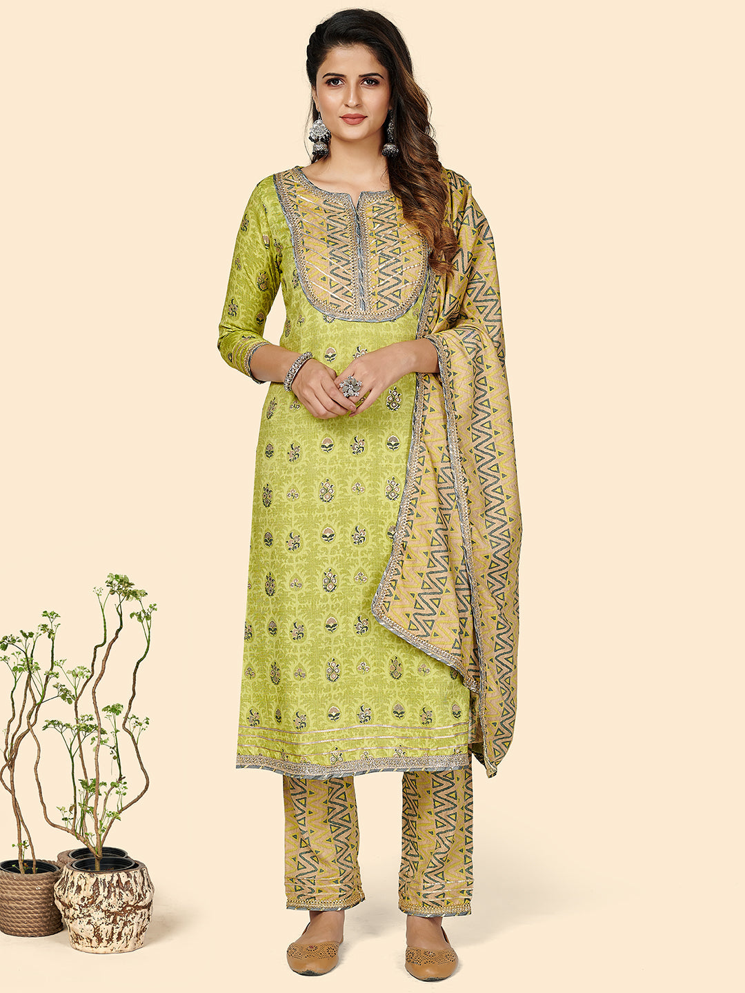 Women's Printed & Gota Patti Work Straight Rayon Parrot Green Stitched Kurta Pant With Dupatta - Vbuyz