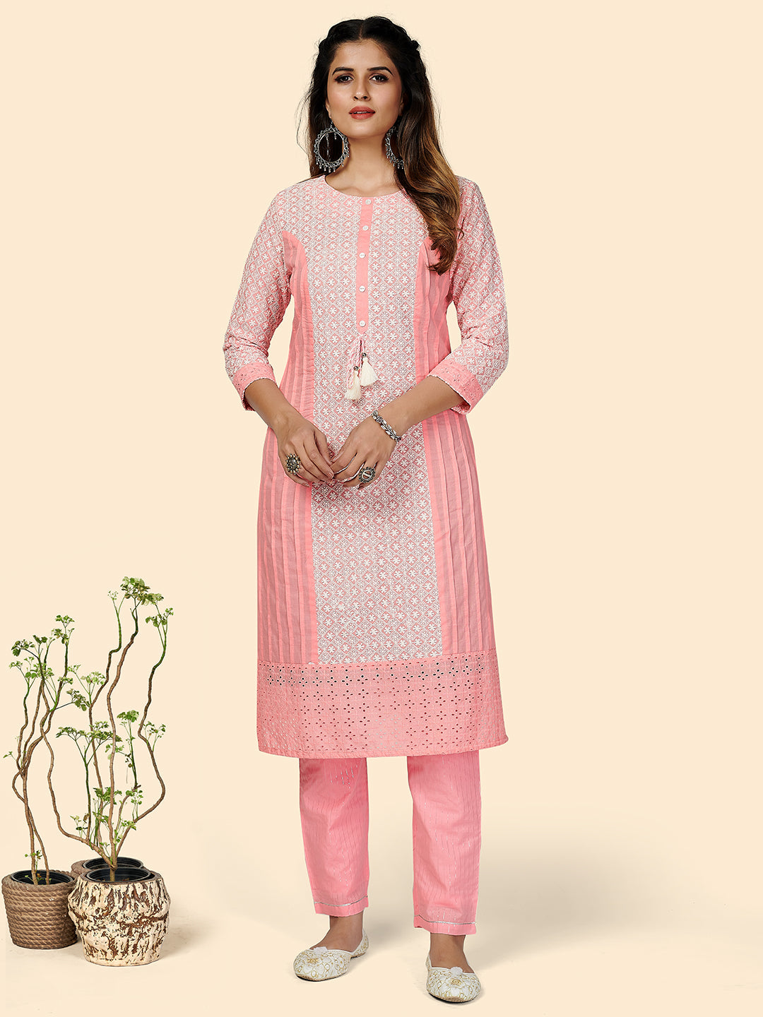 Women's Chikankari Straight Cotton Baby Pink Stitched Kurta With Pant - Vbuyz